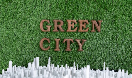 Téléchargez les photos : Campagne de sensibilisation à l'environnement présentant un message organisé à Green City sur l'herbe verte biophile avec fond de paysage urbain. Concept de gouvernance sociale environnementale idée d'avenir durable. Pneumatique - en image libre de droit