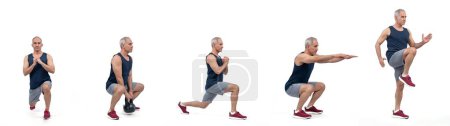Photo for Image set of athletic and healthy senior man in sportswear with different cardio workout, running and warmup posture on isolated background. Fitness healthy and body care lifestyle collage. Clout - Royalty Free Image