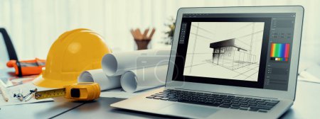 Photo for Digital blueprint by architecture design software on laptop screen with documents and blueprint layout on office table seamless integration of technology and traditional drafting method. Insight - Royalty Free Image