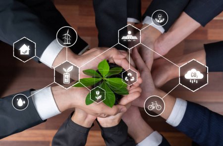 Téléchargez les photos : Le partenariat commercial qui nourrit ou cultive des plantes avec l'icône carbone symbolise la protection durable de l'environnement ESG grâce à l'éco-technologie et à la solution de crédit carbone pour un avenir zéro net. Dépendance - en image libre de droit