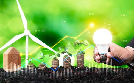 Growing coin stack with ESG businessman hand holding light bulb as eco investment idea with sustainable growth potential lead to profitable financial return and environmental protection. Reliance