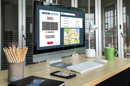 Téléchargez les photos : Système de suivi de la livraison pour le commerce électronique et les affaires en ligne modish au transport et à la livraison de marchandises en temps opportun - en image libre de droit