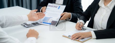 Photo for Candidate in job interview with human resources manager at office desk having oratory conversation for search person to fill vacant hiring position . Professional HR specialist interview candidate . - Royalty Free Image