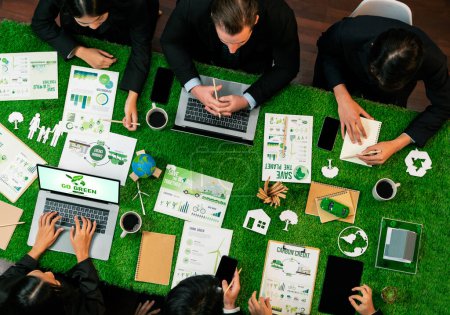 Photo for Panorama top view of business people planning business marketing with environmental responsibility for greener ecology. Productive teamwork contribute nature preservation and sustainable future.Quaint - Royalty Free Image