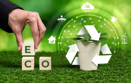 Téléchargez les photos : Engagement de l'entreprise éco-responsable envers les pratiques ESG pour la durabilité environnementale avec une gestion des déchets propres et recyclés pour la protection de l'environnement. Dépendance - en image libre de droit
