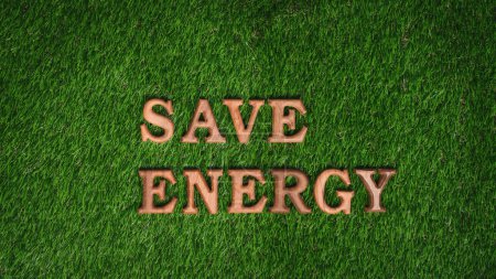 Foto de Alfabeto de madera dispuesto en ECO campaña de sensibilización sobre la biofilia verde hierba fondo o promover la energía ecológica y el consumo de energía limitada para reducir las emisiones de CO2 para la Tierra sostenible. Gyre. - Imagen libre de derechos