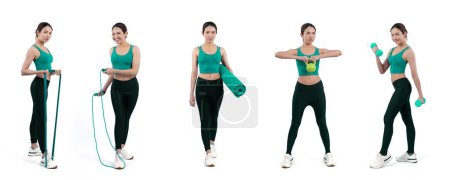 Foto de Colección de entrenamiento corporal con postura de ejercicio para mujer atlética en diferentes secuencias de pose de ejercicio en estudio de cuerpo completo filmado sobre fondo aislado. Vigoroso - Imagen libre de derechos