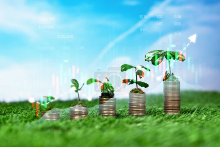 Photo for Plant on top of growing coin stack on bright day sky background as ESG business investment with sustainable growth potential lead to profitable financial return and environmental protection. Reliance - Royalty Free Image