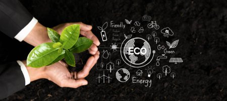 Photo for Businessman nurturing plant with eco design icon symbolize commitment to environmental business, growing plant to reduce carbon emission for sustainable future. Panorama Reliance - Royalty Free Image