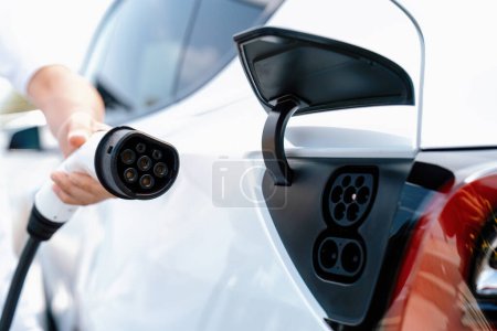 Photo for Hand insert EV charger plug into electric vehicle to recharge EV car battery from outdoor charging station. Fresh daylight environment with alternative clean and sustainable energy concept. Perpetual - Royalty Free Image