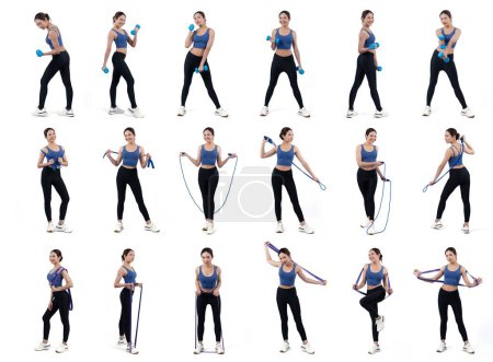 Photo for Collection of body workout training with exercise posture for athletic woman in different various exercising pose sequence in full body studio shot on isolated background. Vigorous - Royalty Free Image