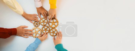 Photo for Startup company employee joining cogwheel gear together symbolize function productive system and synergy teamwork with young people start company with creative and collaboration. Panorama Synergic - Royalty Free Image
