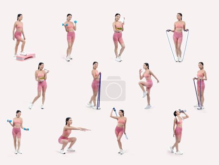 Téléchargez les photos : Collection d'entraînement corporel avec posture d'exercice pour femme athlétique dans différentes séquences de posture d'exercice en studio complet tourné sur fond isolé. Vigoureux - en image libre de droit