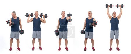 Photo for Healthy and active senior man with different professional fitness posture set of weight and body training and resistance band on isolated background in full body length shot. Clout - Royalty Free Image