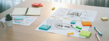 Photo for Business marketing strategy and brain storming mind map, colorful sticky notes and equipment placed on table at modern workplace. Creativity startup and marketing plan concept. Closeup. Variegated. - Royalty Free Image