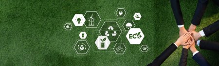Téléchargez les photos : Le partenariat entre les entreprises et l'icône de l'éco-design symbolisent la protection durable de l'environnement ESG avec l'éco-technologie et la réduction du crédit carbone pour un avenir net zéro. Dépendance au panorama - en image libre de droit