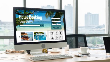 Photo for Online hotel accommodation booking website provide modish reservation system . Travel technology concept . - Royalty Free Image
