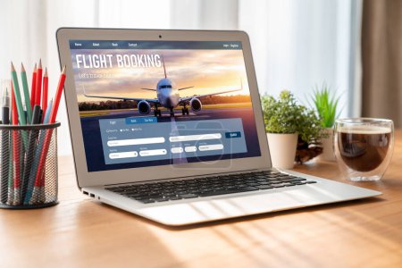 Photo for Online flight booking website provide modish reservation system . Travel technology concept . - Royalty Free Image