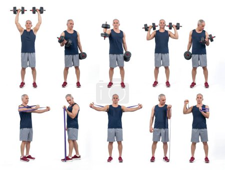 Photo for Healthy and active senior man with different professional fitness posture set of weight and body training on isolated background in full body length shot. Clout - Royalty Free Image