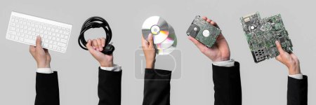 Photo for Panoramic banner hand holding electronic waste on isolated background. Eco-business recycle waste policy in corporate responsibility. Reuse, reduce and recycle for sustainability environment. Quaint - Royalty Free Image