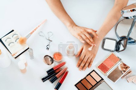 Photo for Close up top view image of beauty blogger or influencer shoot uttermost social media marketing or tutorial on online live streaming platform - Royalty Free Image
