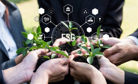 Téléchargez les photos : Le leader du partenariat d'affaires se réunit pour nourrir les jeunes plants avec des icônes ESG, symbolisant l'engagement de l'entreprise en faveur de la protection de l'environnement et de la préservation de la nature. Dépendance - en image libre de droit