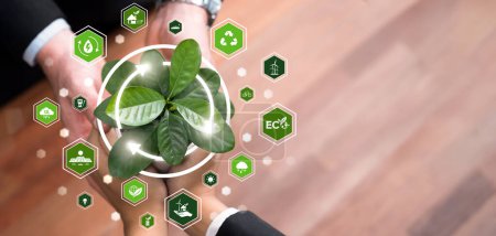 Téléchargez les photos : Le partenariat commercial qui nourrit ou cultive des plantes avec l'icône carbone symbolise la protection durable de l'environnement ESG grâce à l'éco-technologie et à la solution de crédit carbone pour un avenir zéro net. Dépendance - en image libre de droit