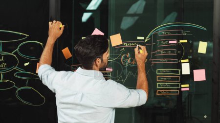 Photo for Smart manager writing business plan at glass wall on sticky notes. Skilled businessman sharing, presenting marketing strategy. Leader pointing at mind map and sticky notes on glass wall. Tracery - Royalty Free Image