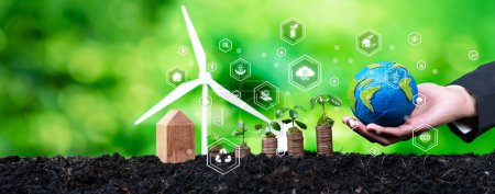 Photo for Panorama growing money or coin stack with business investor invest net zero and sustainable energy technology. Green business investment and financial growth on environmental sustainability. Reliance - Royalty Free Image