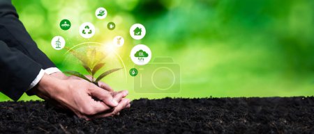 Photo for Businessman nurturing plant with eco design icon symbolize commitment to environmental business, growing plant to reduce carbon emission for sustainable future. Panorama Reliance - Royalty Free Image