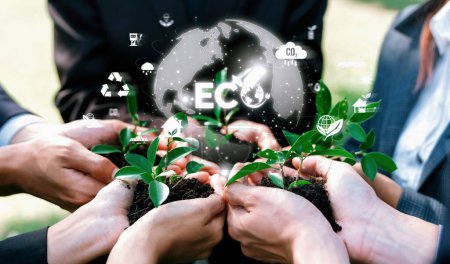 Photo for Business partnership nurturing or growing plant together with eco friendly icon symbolize ESG sustainable environment protection by eco technology and carbon reduction for net zero future. Reliance - Royalty Free Image