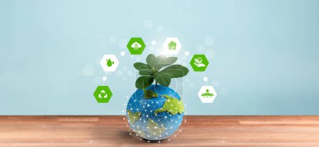 Photo for Eco world and green Earth day concept, Earth globe with young tree planted on top and eco-friendly design icon symbolize environmental protection technology for sustainable future. Panorama Reliance - Royalty Free Image
