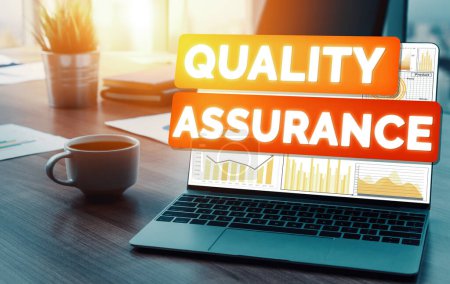 Photo for Quality Assurance and Quality Control Concept - Modern graphic interface showing certified standard process, product warranty and quality improvement technology for satisfaction of customer. uds - Royalty Free Image