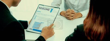 Photo for Candidate in job interview with human resources manager at office desk having oratory conversation for search person to fill vacant hiring position . Professional HR specialist interview candidate . - Royalty Free Image