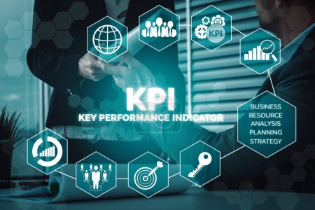 Photo for KPI Key Performance Indicator for Business Concept - Modern graphic interface showing symbols of job target evaluation and analytical numbers for marketing KPI management. uds - Royalty Free Image