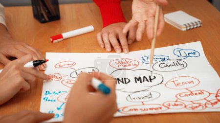 Photo for Close up of skilled business people hand brainstorming, working together, discussing about marketing idea by using mind map and colorful marker at meeting table. Focus on hand. Immaculate. - Royalty Free Image