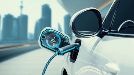 Téléchargez les photos : Fiche de voiture électrique avec station de charge pour recharger l'hologramme d'état de batterie numérique intelligente d'affichage de batterie par le câble de chargeur d'EV sur le fond de paysage urbain. Durabilité énergétique future et innovante. - en image libre de droit