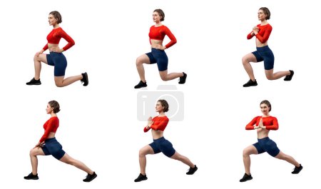 Téléchargez les photos : Jeune femme saine et active en tenue de sport avec différentes postures de fitness professionnel ensemble de musculation squat training. Exercice de jambe sur fond isolé dans la gaieté pleine longueur du corps tourné. - en image libre de droit
