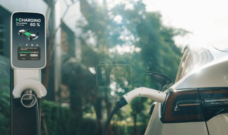 Foto de EV coche eléctrico de carga en verde sostenible jardín al aire libre de la ciudad en verano. Sostenibilidad urbana estilo de vida por energía limpia recargable verde de vehículos eléctricos BEV innards - Imagen libre de derechos