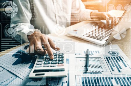 Photo for Big Data Technology for Business Finance Analytic Concept. Modern interface shows massive information of business sale report, profit chart and stock market trends analysis on screen monitor. uds - Royalty Free Image