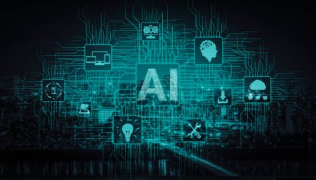 Foto de Ai Learning and Artificial Intelligence Concept - Icon Graphic Interface que muestra la computadora, el pensamiento automático y la Inteligencia Artificial Ai de Dispositivos Robóticos Digitales. - Imagen libre de derechos