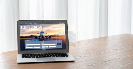 Téléchargez les photos : Site de réservation de vol en ligne fournir un système de réservation modish. Concept de technologie du voyage . - en image libre de droit