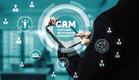 Téléchargez les photos : CRM Customer Relationship Management for business sales marketing system concept présenté dans l'interface graphique futuriste de l'application de service pour soutenir l'analyse de base de données CRM. uds - en image libre de droit