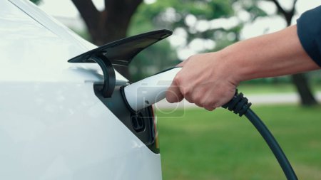 Photo for Man recharging battery for electric car during road trip travel EV car in natural forest or national park. Eco friendly travel during vacation and holiday. Exalt - Royalty Free Image