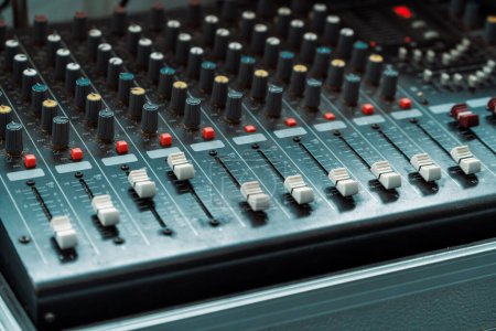 Photo for Amplifier mixer and equalizer in studio room in close up view. uds - Royalty Free Image