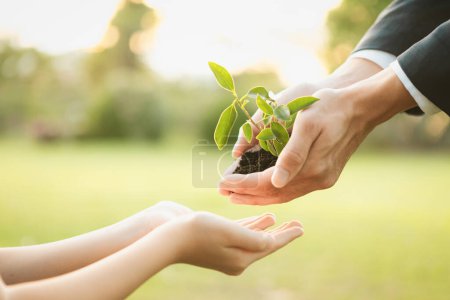 Un homme d'affaires remet une plante ou un germe à un jeune garçon en tant qu'éco-entreprise engagée dans la responsabilité sociale des entreprises, réduit les émissions de CO2 et adhère au principe ESG pour un avenir durable.