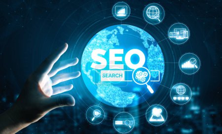 Photo for SEO - Search Engine Optimization for Online Marketing Concept. Modern interface showing symbol of keyword research website promotion by optimize customer searching and analyze market strategy. uds - Royalty Free Image
