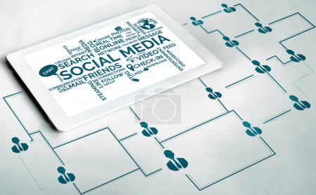 Photo for Social media and young people network concept. Modern graphic interface showing online social connection network and media channels to engage customer interaction in the digital business. - Royalty Free Image