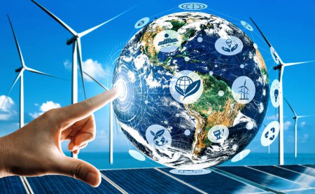 Konzept der Nachhaltigkeitsentwicklung durch alternative Energien. Der Mensch kümmert sich mit umweltfreundlichen Windkraftanlagen und grünen erneuerbaren Energien im Hintergrund um den Planeten Erde. uds