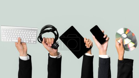 Photo for Panoramic banner hand holding electronic waste on isolated background. Eco-business recycle waste policy in corporate responsibility. Reuse, reduce and recycle for sustainability environment. Quaint - Royalty Free Image